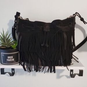 DANIER Vintage Premium Suede Leather Festival Fringe Crossbody Bucket Bag